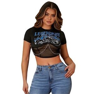 ❤️ 🆕 SHEIN Motorcycle And Letter Graphic Contrast Mesh Chain Detail Crop Top S